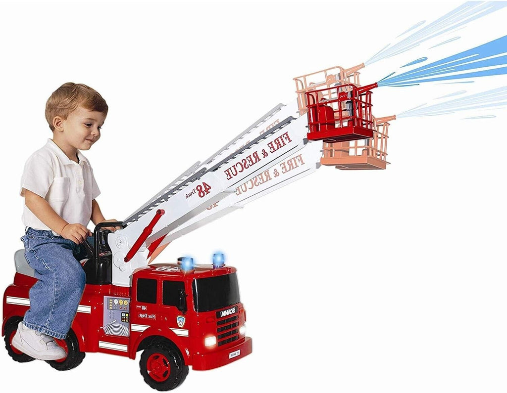 Fire Engine Ride-On with Crane, Water Squirt, Lights, and Siren - Ready for Action!