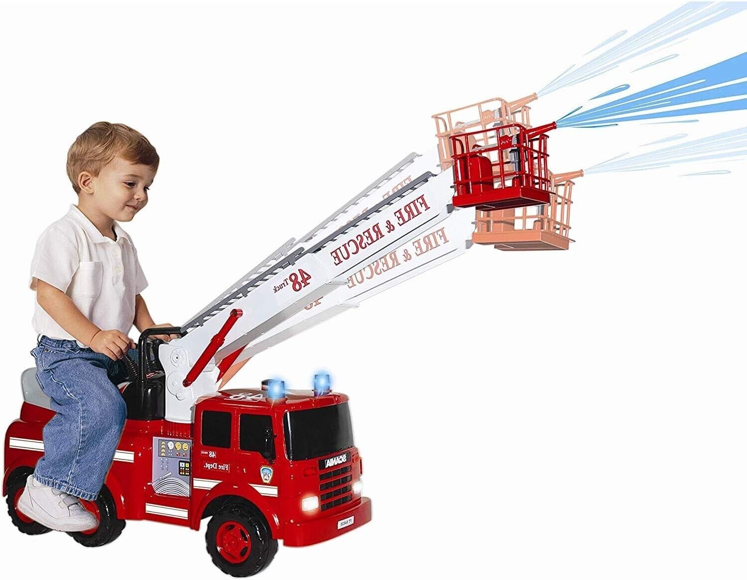 Fire Engine Ride-On with Crane, Water Squirt, Lights, and Siren - Ready for Action!