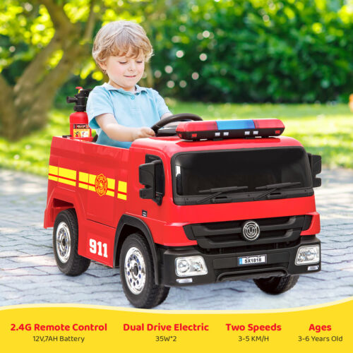 Fire Truck Battery-Powered Ride-On Car with Remote Control for Kids Ages 3-6