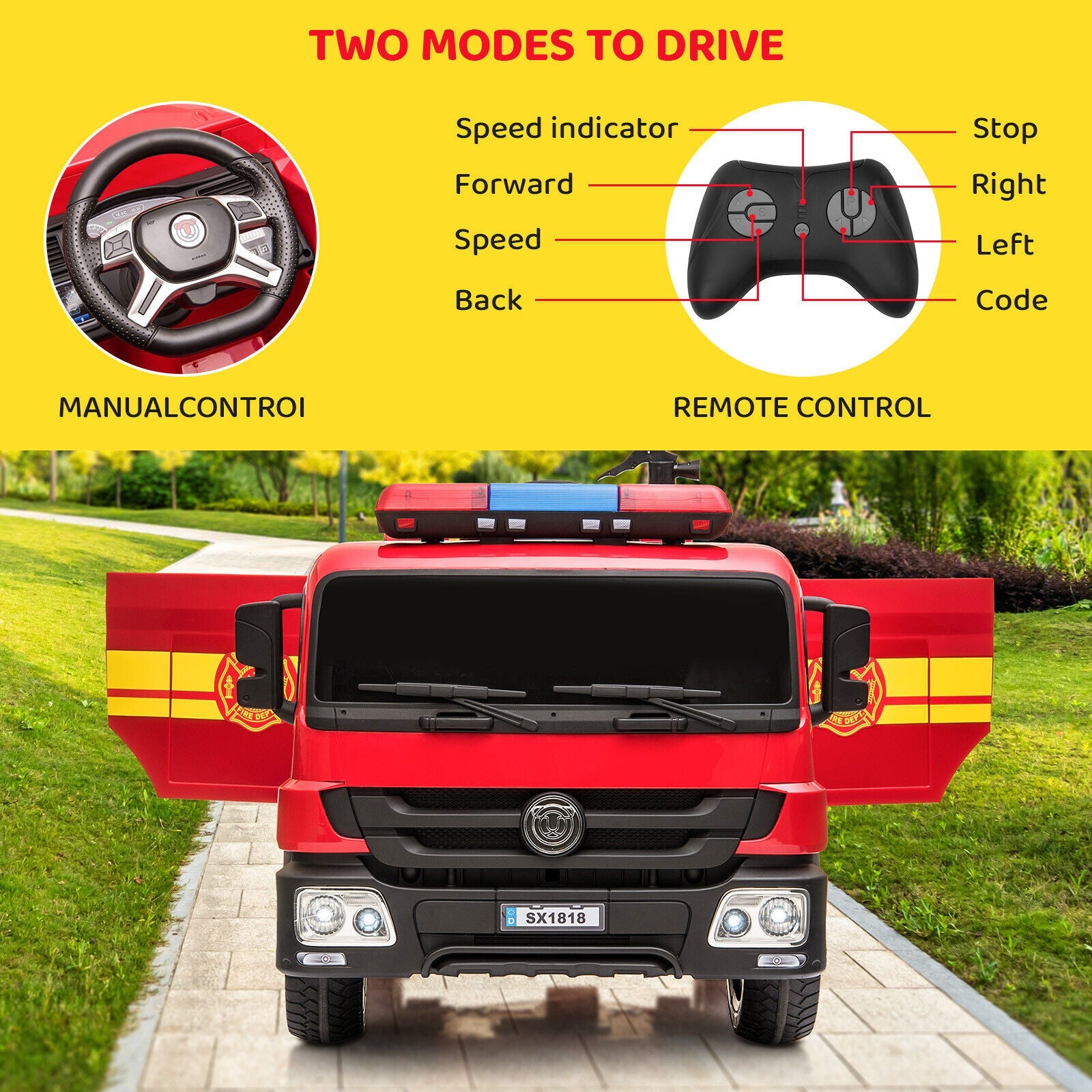 Fire Truck Battery-Powered Ride-On Car with Remote Control for Kids Ages 3-6