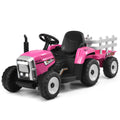 Fun and Functional 12V Pink Ride-On Tractor with Trailer and Remote Control for Kids, Featuring Lights and Ground Loader