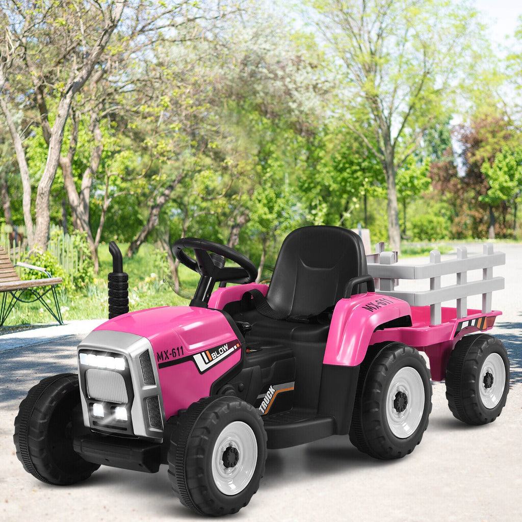 Fun and Functional 12V Pink Ride-On Tractor with Trailer and Remote Control for Kids, Featuring Lights and Ground Loader