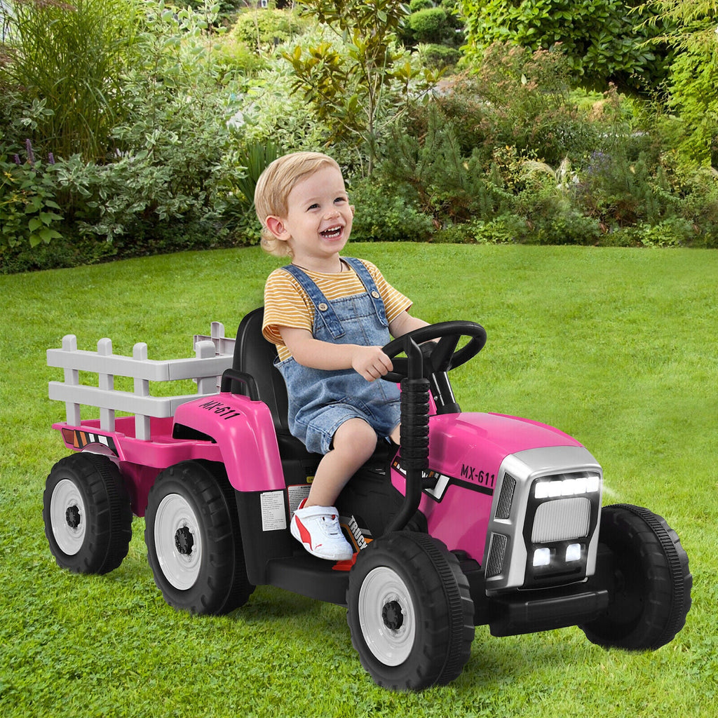Fun and Functional 12V Pink Ride-On Tractor with Trailer and Remote Control for Kids, Featuring Lights and Ground Loader