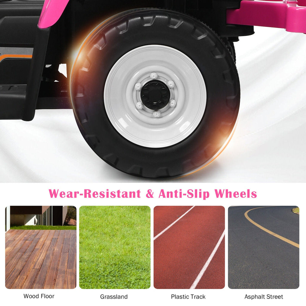 Fun and Functional 12V Pink Ride-On Tractor with Trailer and Remote Control for Kids, Featuring Lights and Ground Loader