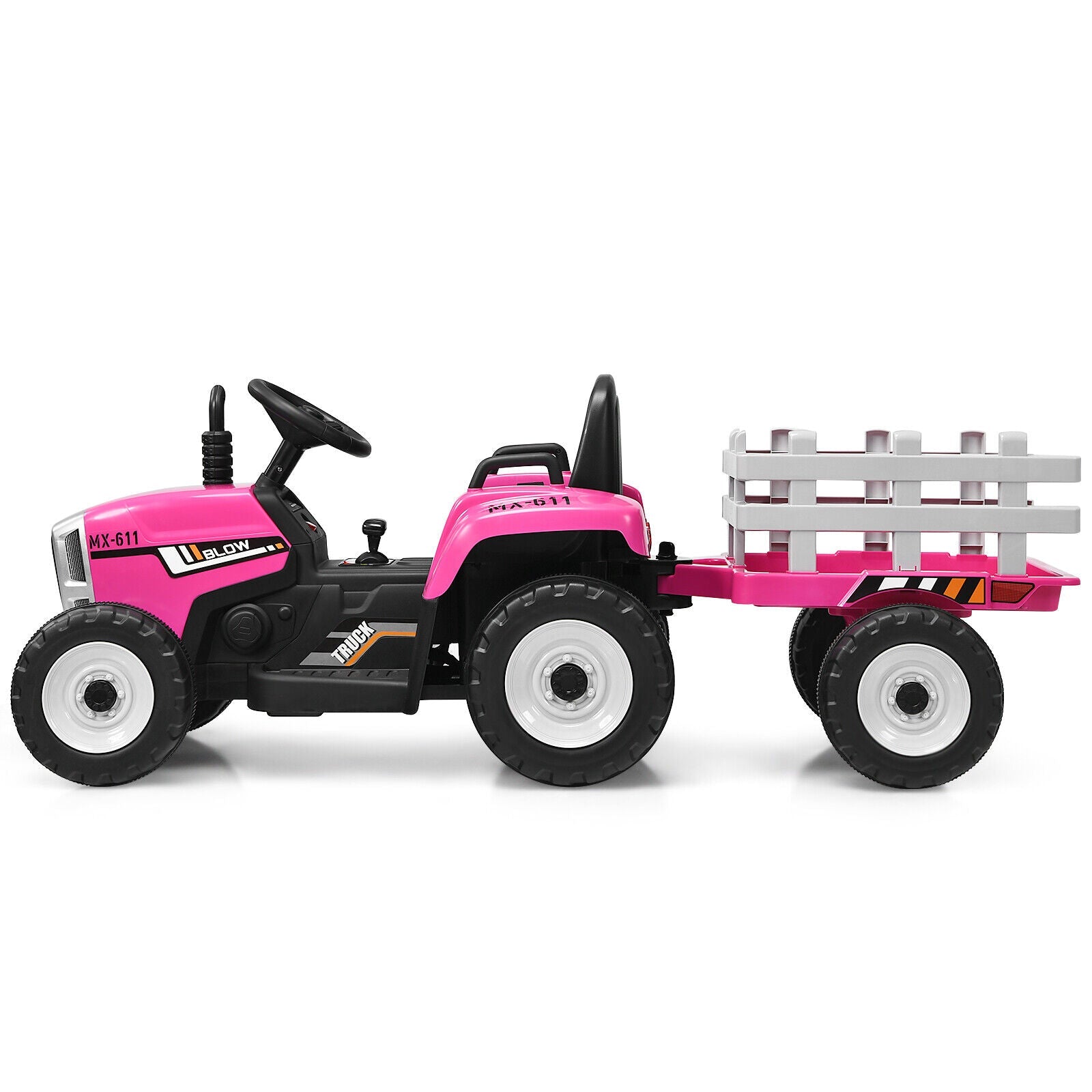 Fun and Functional 12V Pink Ride-On Tractor with Trailer and Remote Control for Kids, Featuring Lights and Ground Loader