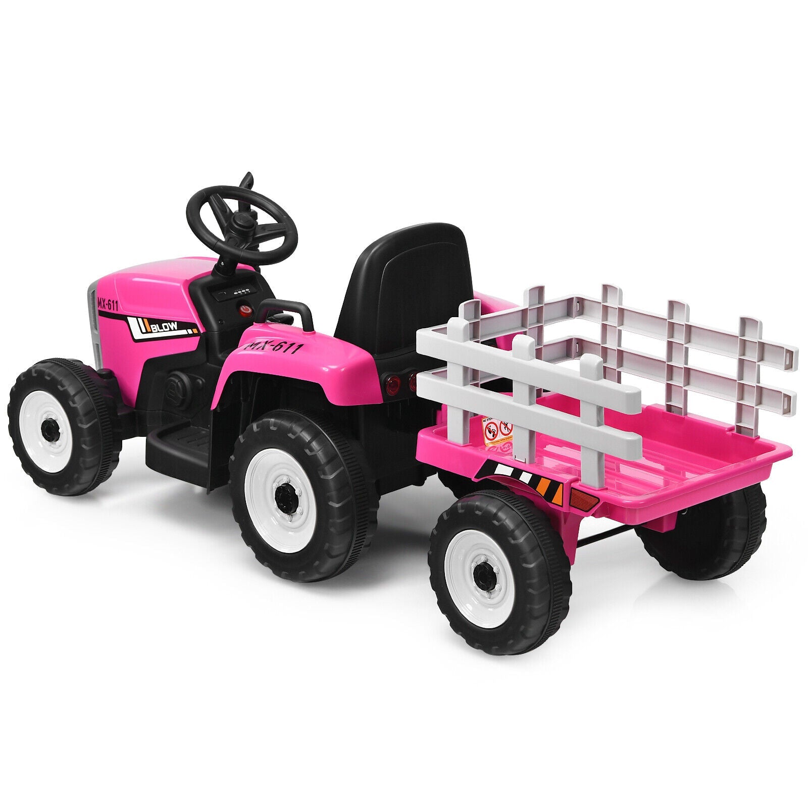 Fun and Functional 12V Pink Ride-On Tractor with Trailer and Remote Control for Kids, Featuring Lights and Ground Loader