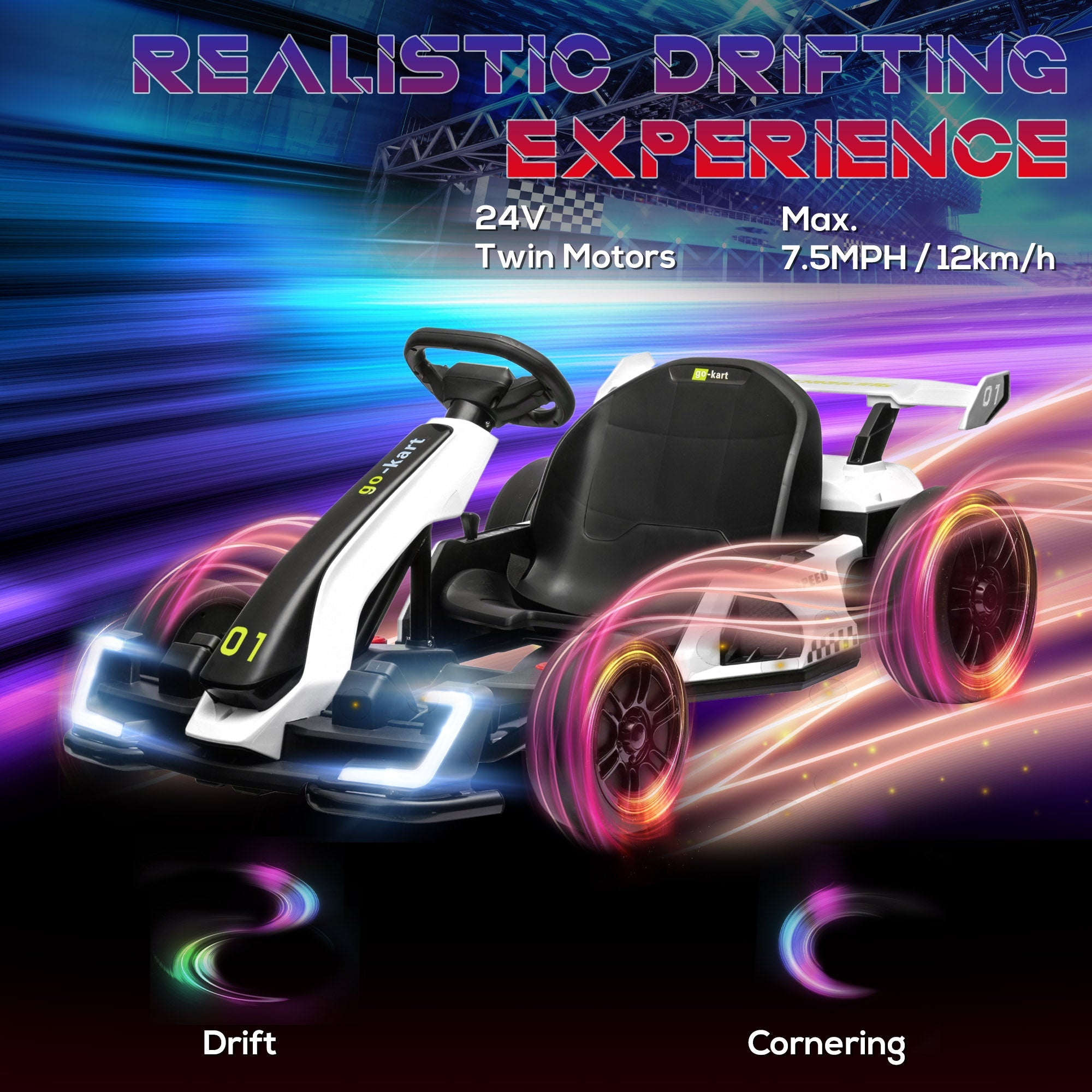 Adjustable Seat Electric Go Kart with Slow Start - 24V, 7.5 MPH