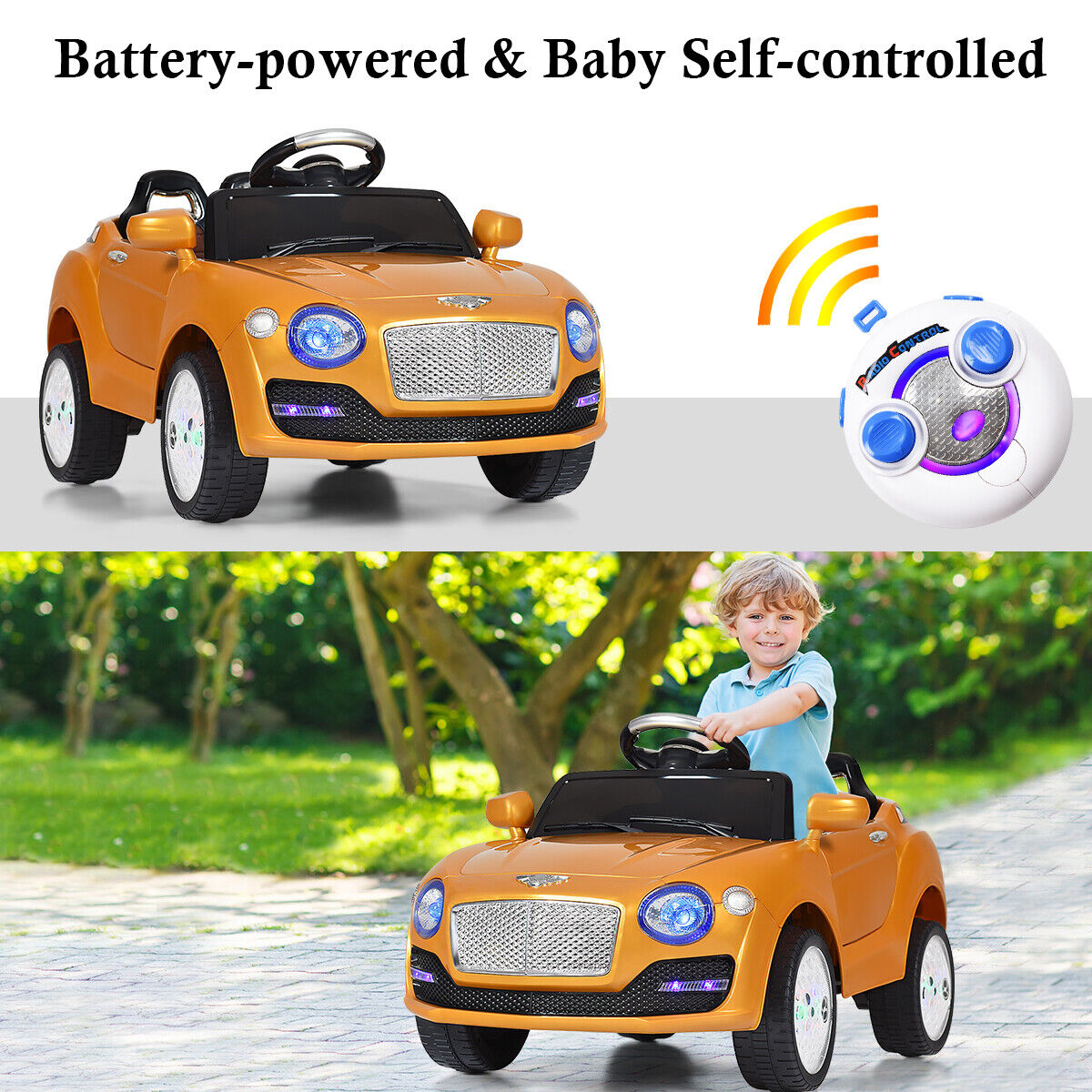Gold 6V Kids Ride On Car with RC Remote Control, MP3 Player, and Opening Doors