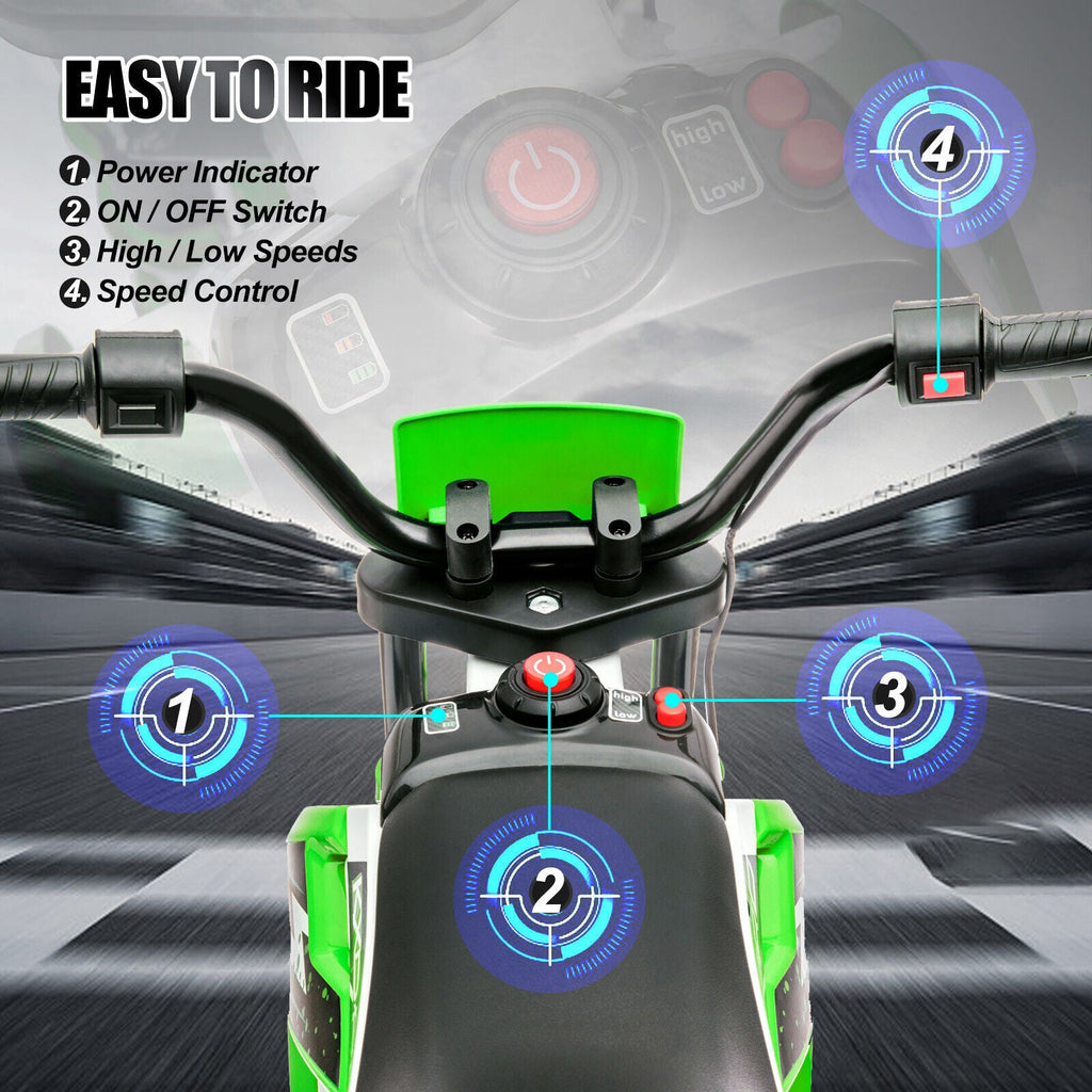 Green 12V Electric Kids Ride-On Motorcycle with Training Wheels