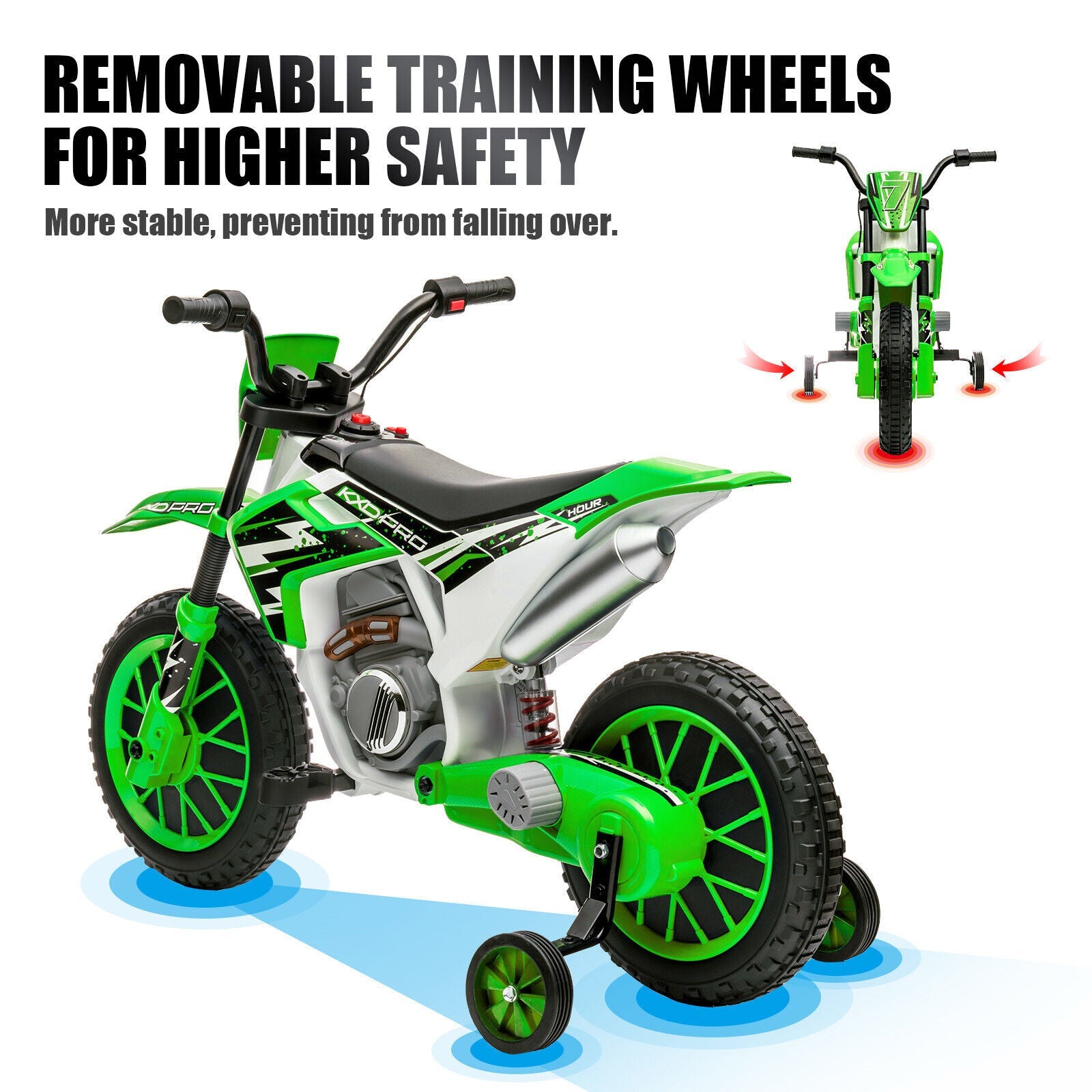 Green 12V Electric Kids Ride-On Motorcycle with Training Wheels