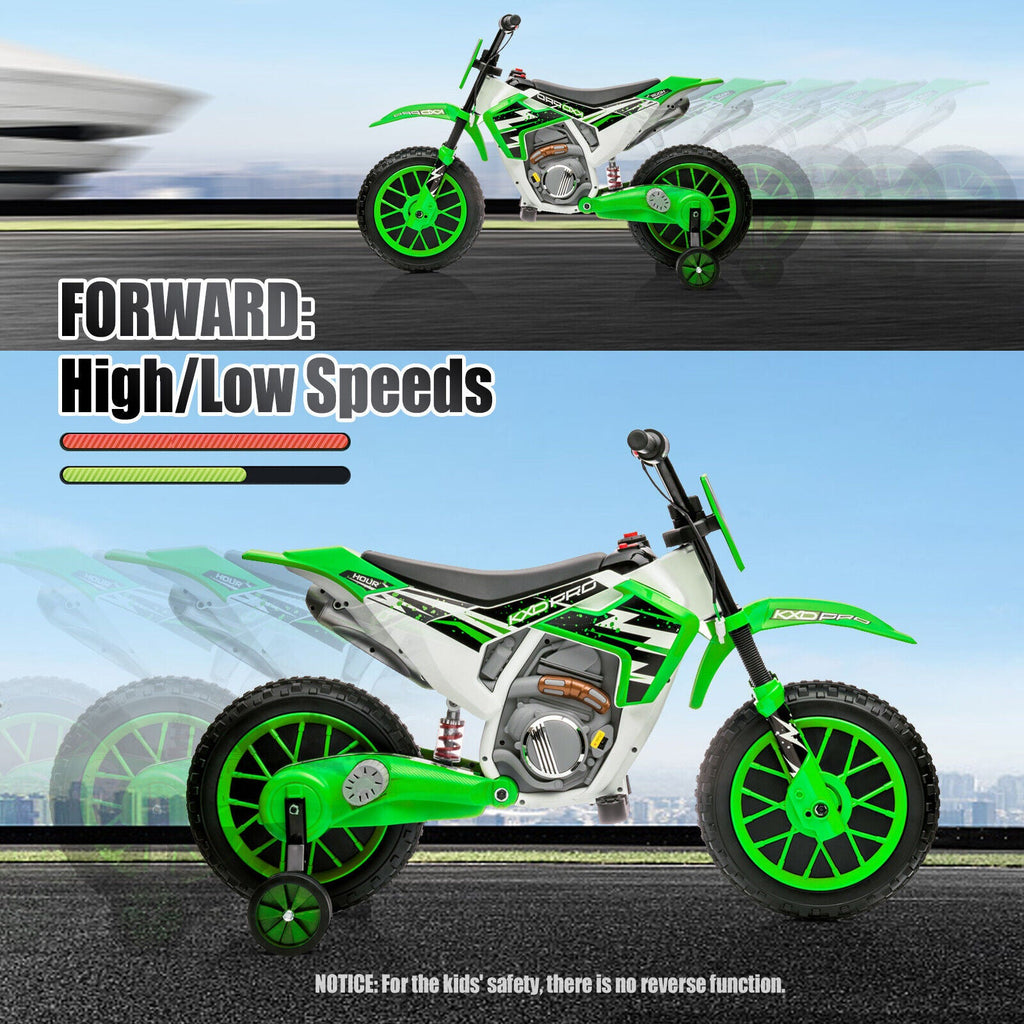Green 12V Electric Kids Ride-On Motorcycle with Training Wheels