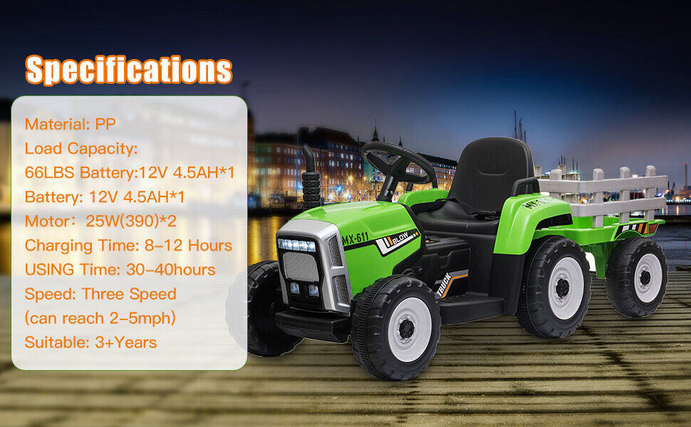Green 12V Electric Tractor with Trailer for Toddlers - Remote Controlled Ride On Car