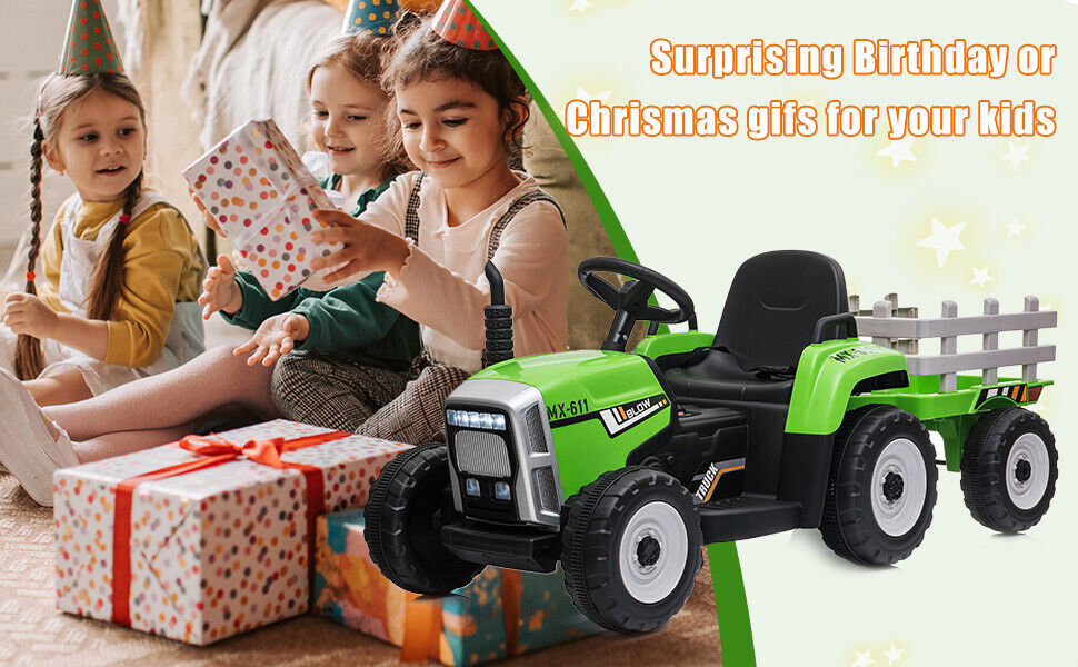 Green 12V Electric Tractor with Trailer for Toddlers - Remote Controlled Ride On Car