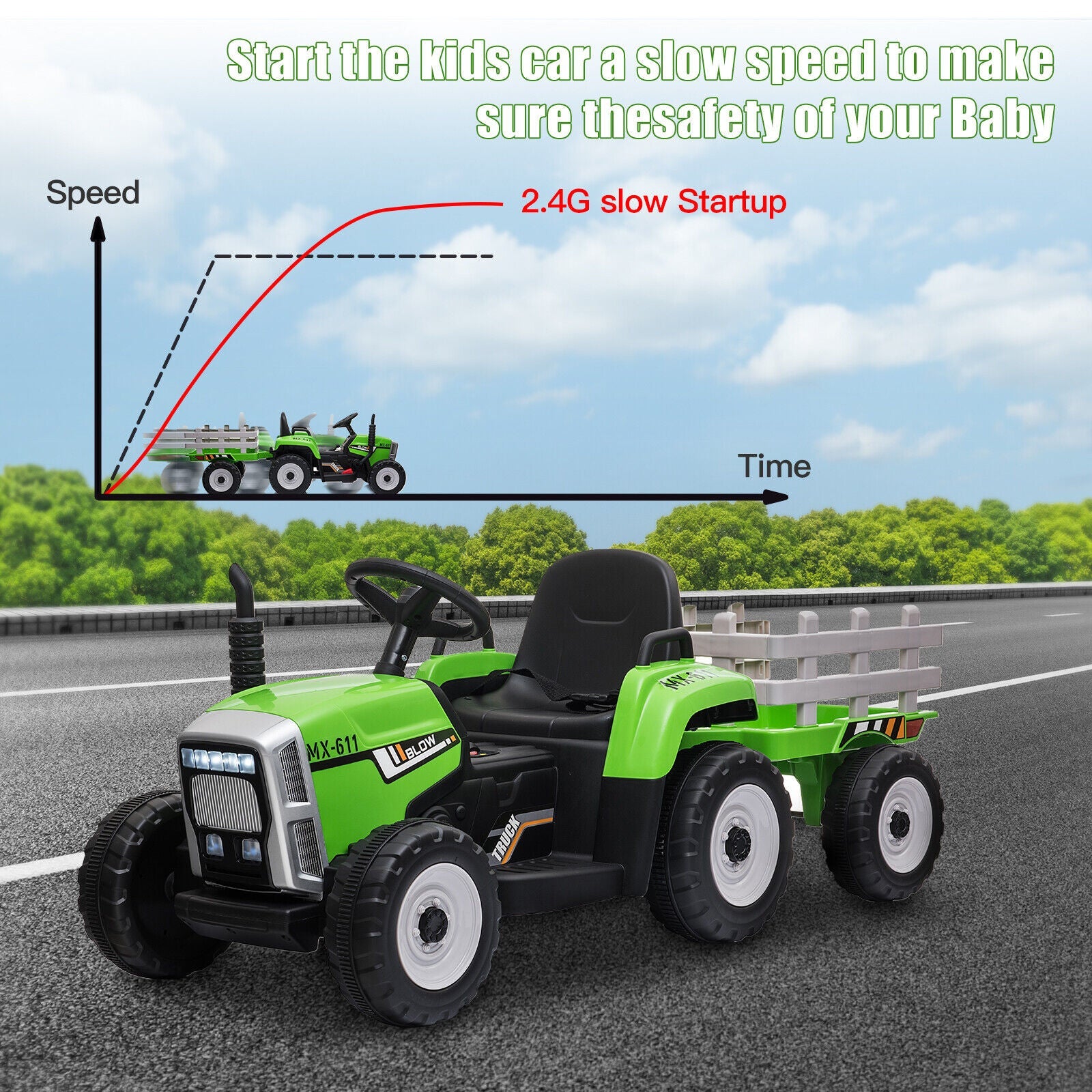 Electric Green Tractor Ride-On Toy for Kids with Remote Control and Trailer - 3 Speed Options
