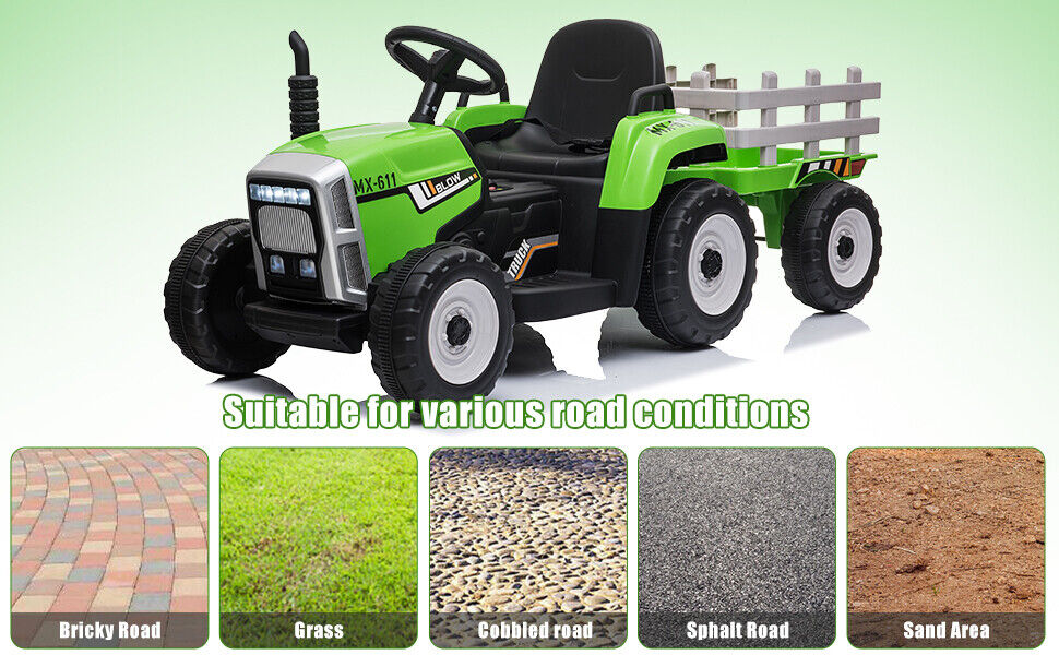 Electric Green Tractor Ride-On Toy for Kids with Remote Control and Trailer - 3 Speed Options