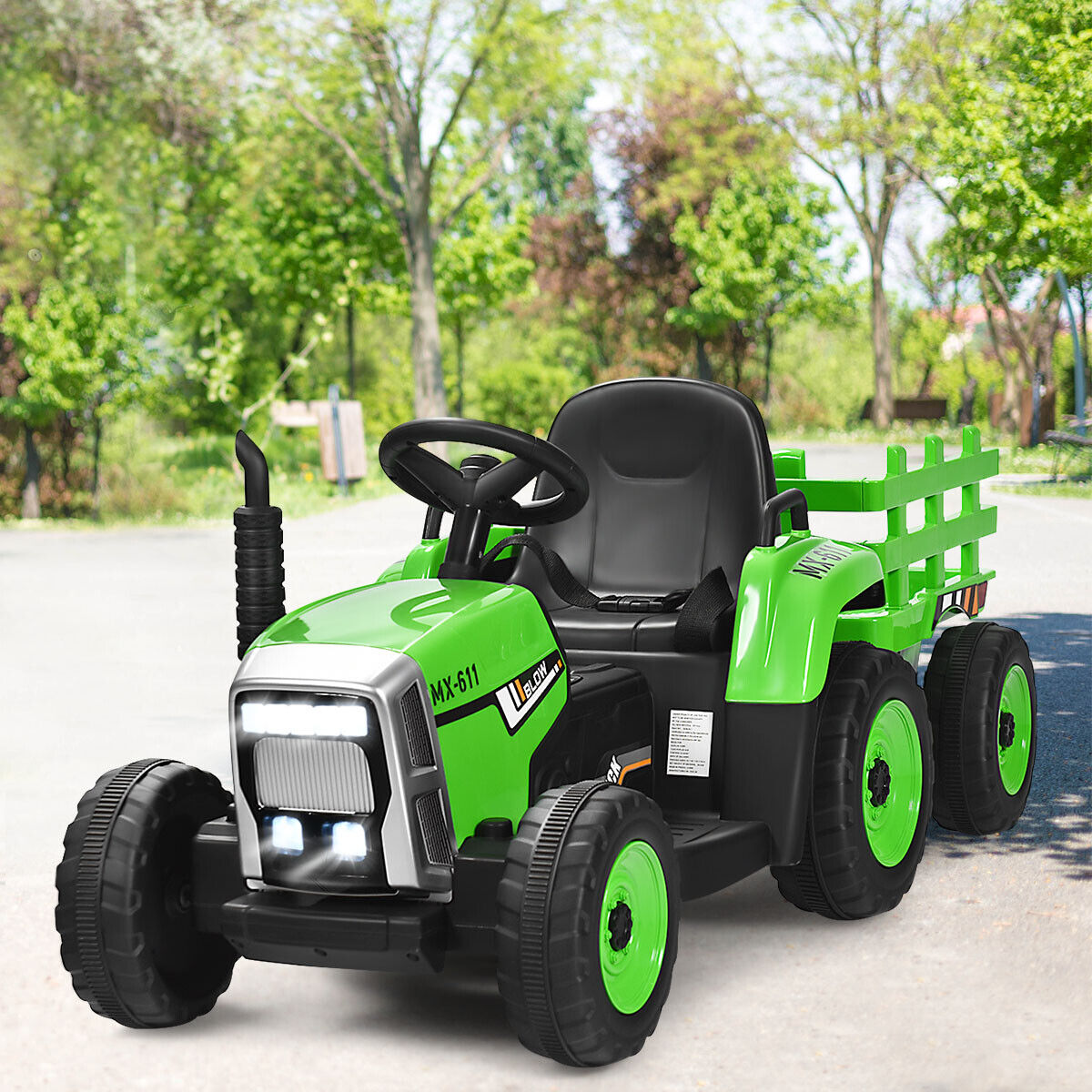 Green 12V Kids Ride On Tractor Trailer with RC Control and Lights