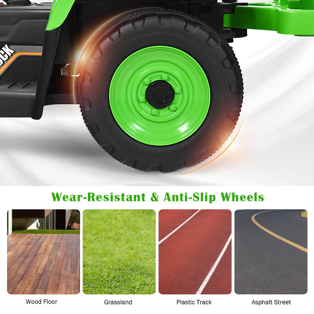 Green 12V Kids Ride On Tractor with Trailer and Remote Control - Featuring Lights and Ground Loader