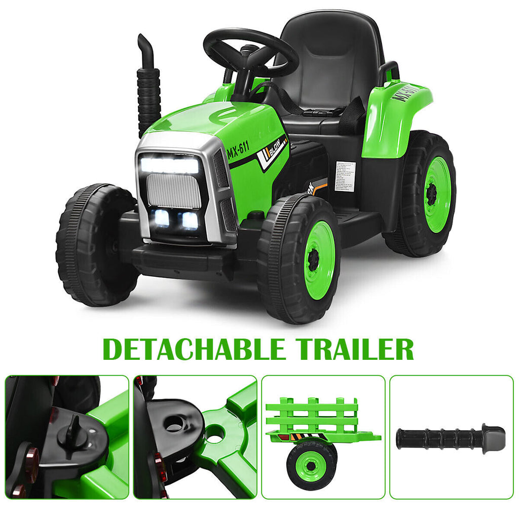 Green 12V Kids Ride On Tractor with Trailer and Remote Control - Featuring Lights and Ground Loader