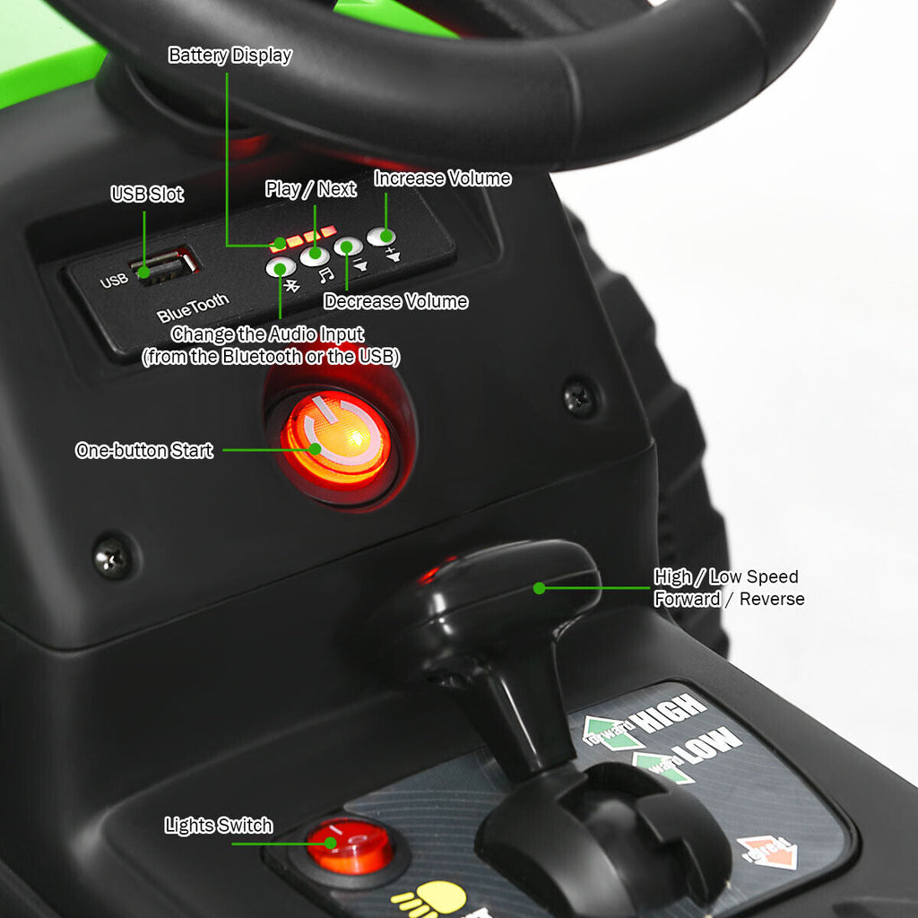 Green 12V Kids Ride On Tractor with Trailer and Remote Control - Featuring Lights and Ground Loader
