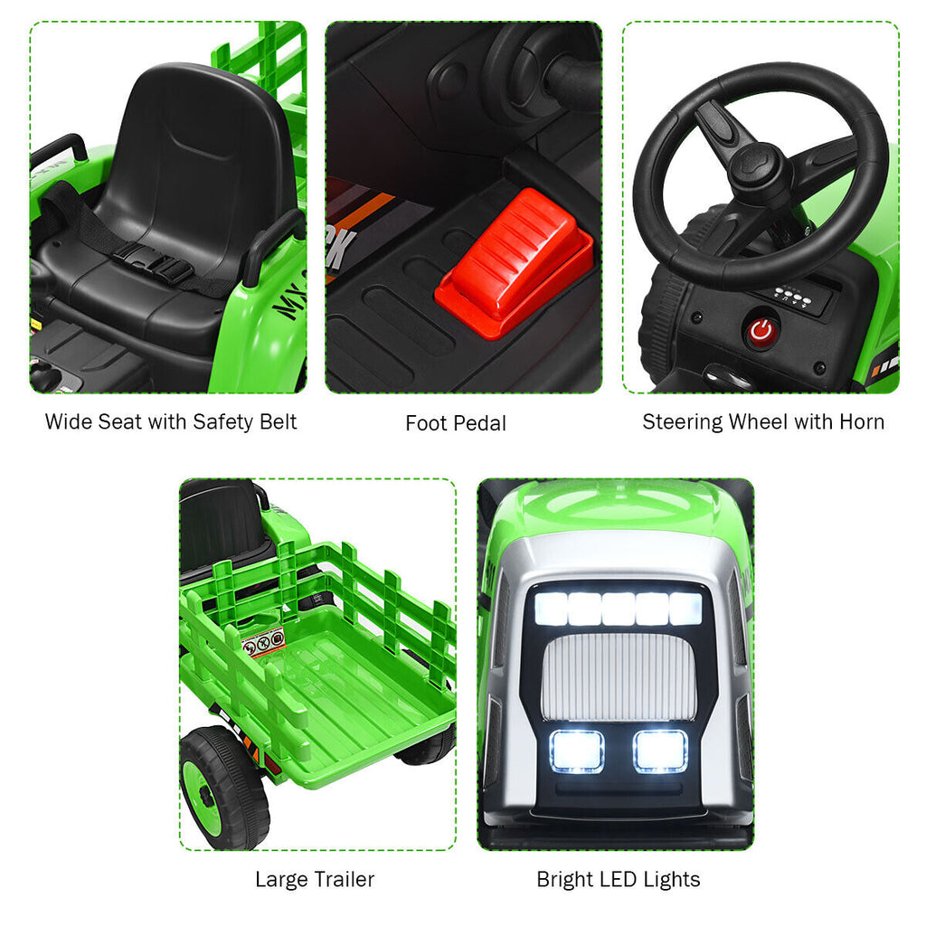 Green 12V Kids Ride On Tractor with Trailer and Remote Control - Featuring Lights and Ground Loader