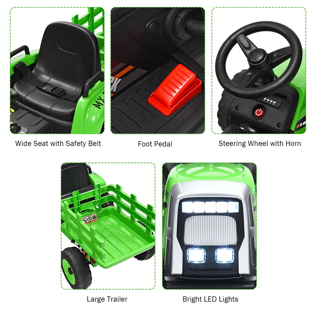 Green 12V Kids Ride On Tractor with Trailer and Remote Control - Featuring Lights and Ground Loader