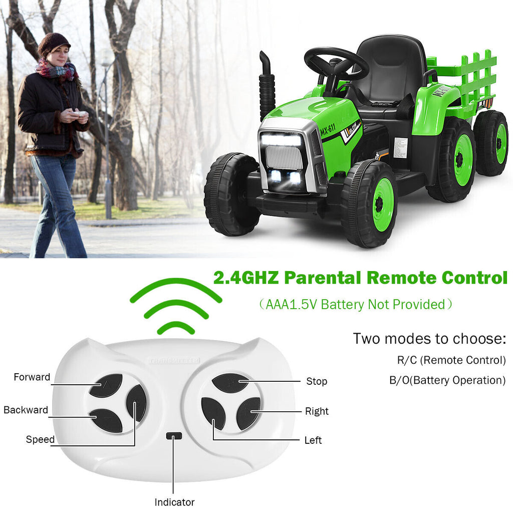 Green 12V Kids Ride On Tractor with Trailer and Remote Control - Featuring Lights and Ground Loader
