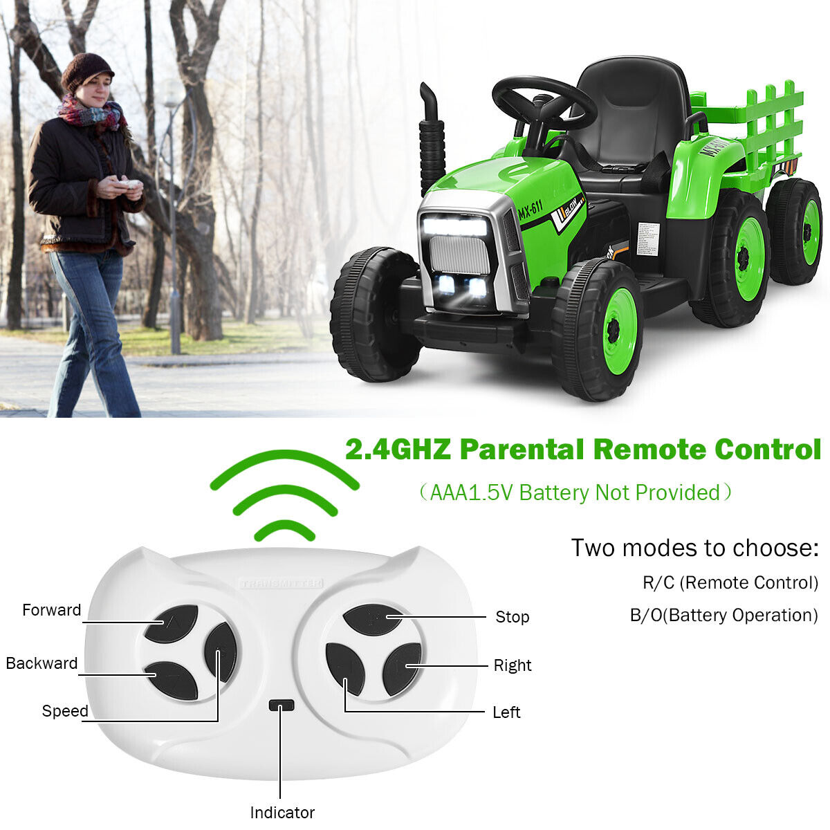 Green 12V Kids Ride On Tractor with Trailer and Remote Control - Featuring Lights and Ground Loader