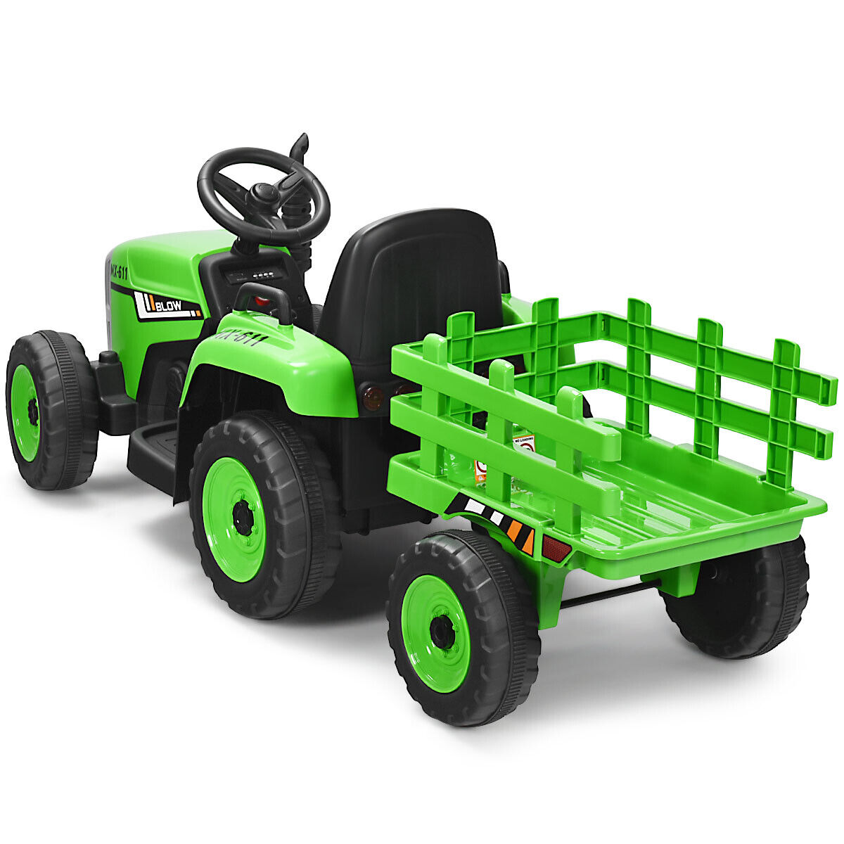 Green 12V Kids Ride On Tractor with Trailer and Remote Control - Featuring Lights and Ground Loader