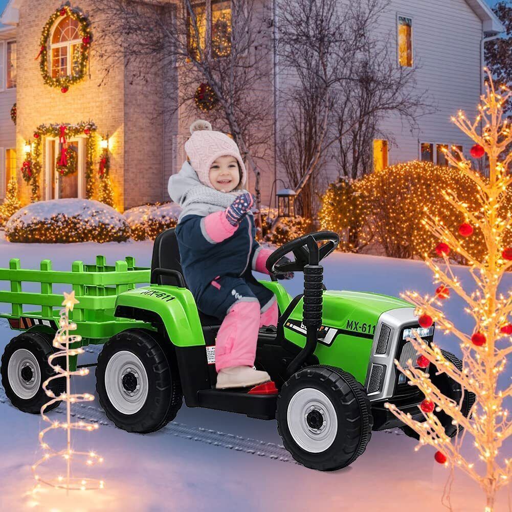 Green 12V Kids Ride On Tractor with Trailer and Remote Control - Perfect Gift for Little Ones!