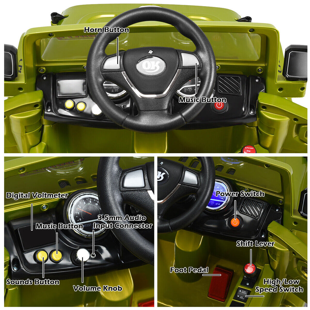 Green 12V Kids Ride On Truck Car with RC Remote, Lights, and MP3 Player - Perfect Toy Gift