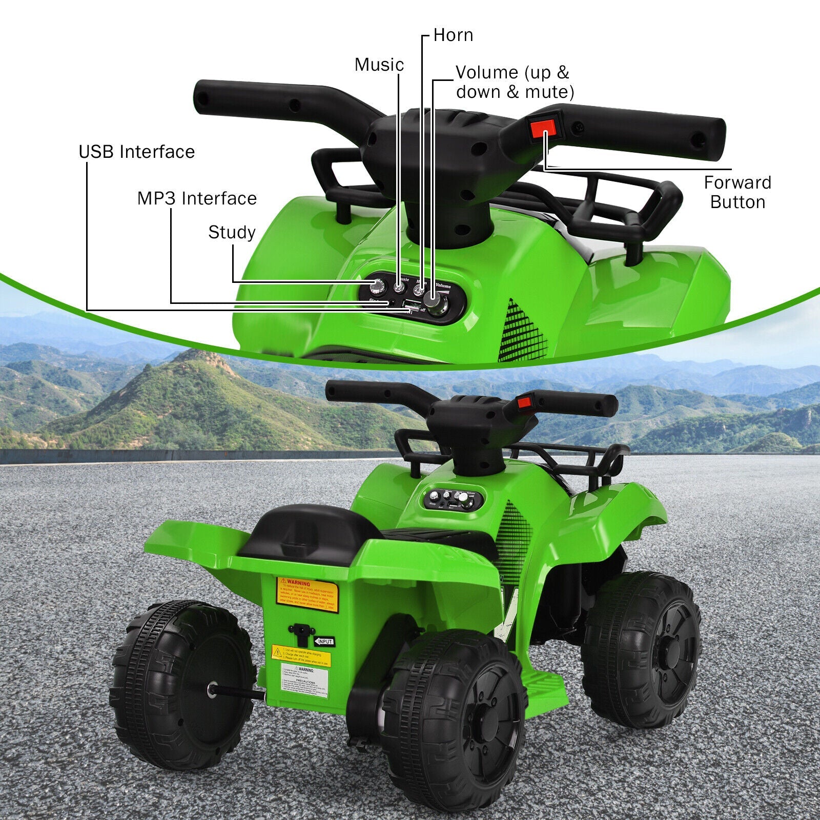 Green 6V Kids ATV Quad Electric Ride On Car with MP3 Player and LED Lights for Toddlers