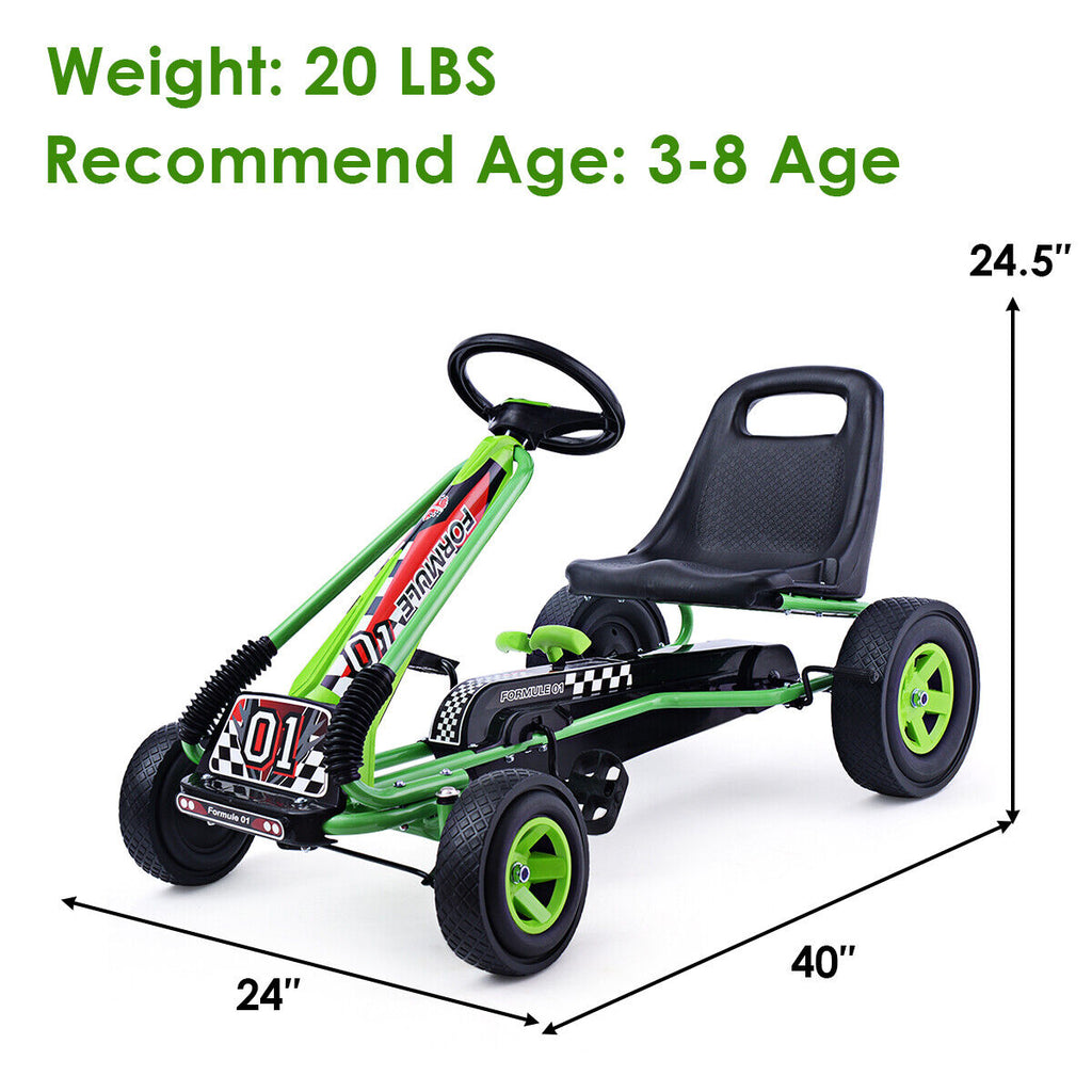 Green Adjustable Seat Pedal-Powered Kids Go Kart with 4 Wheels