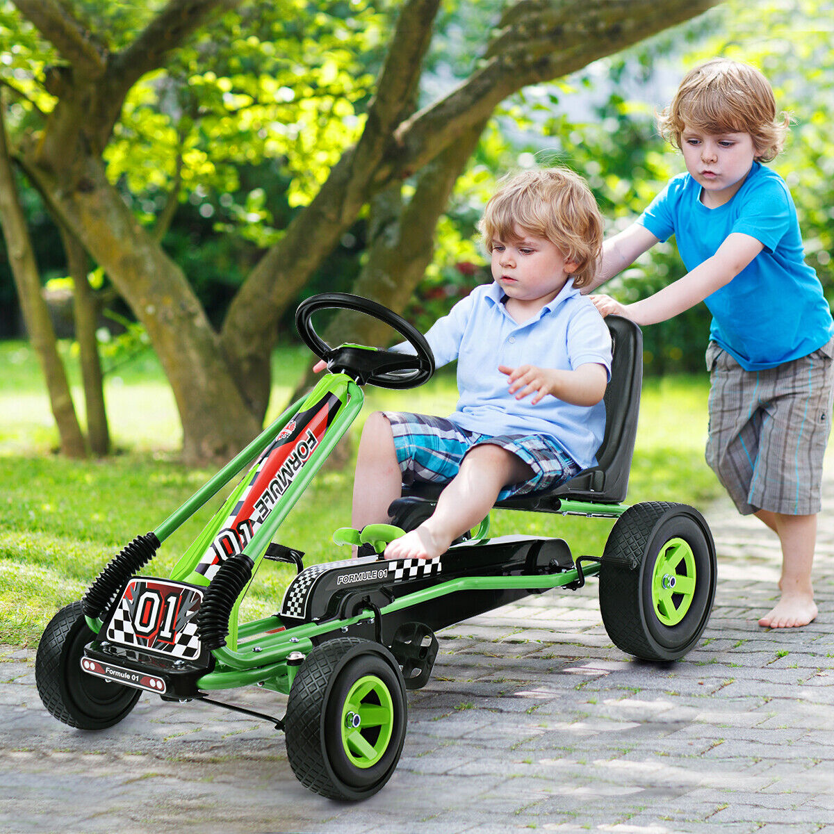 Green Adjustable Seat Pedal-Powered Kids Go Kart with 4 Wheels