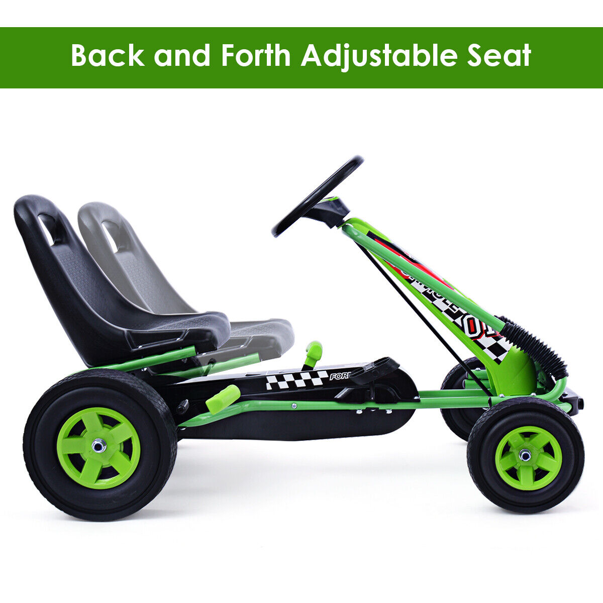 Green Adjustable Seat Pedal-Powered Kids Go Kart with 4 Wheels