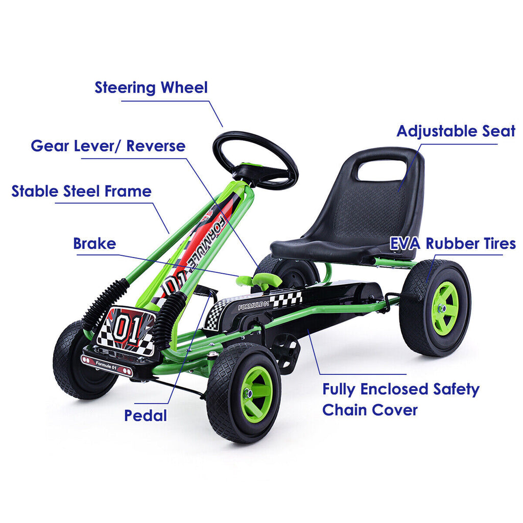 Green Adjustable Seat Pedal-Powered Kids Go Kart with 4 Wheels