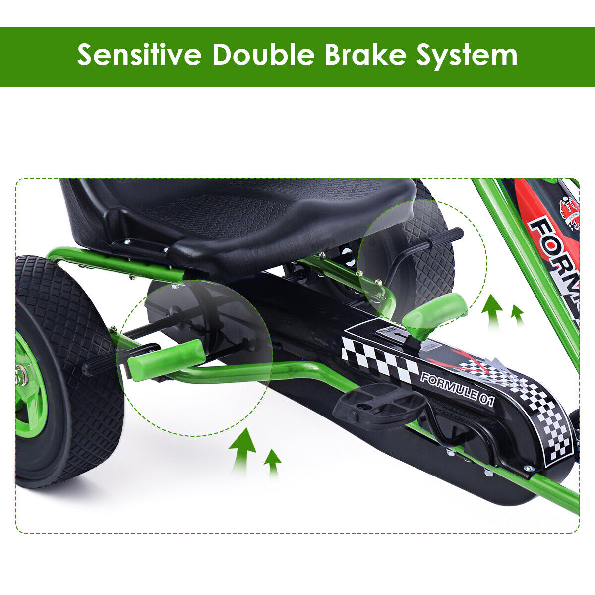 Green Adjustable Seat Pedal-Powered Kids Go Kart with 4 Wheels - Honeyjoy Ride On Toy