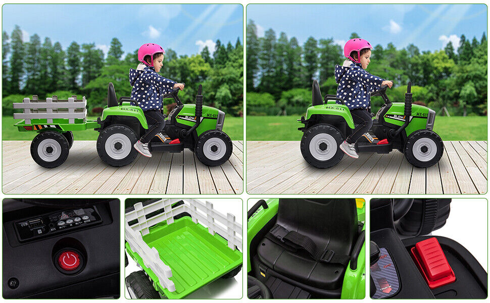 Green 12V Electric Tractor with Trailer for Kids - Remote Control Ride On Toy for Toddlers