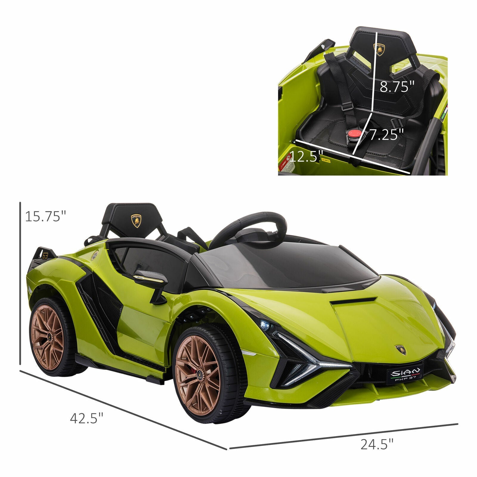 Green Lamborghini SIAN 12V Kids Ride On Car with Remote Control - Rechargeable Toy