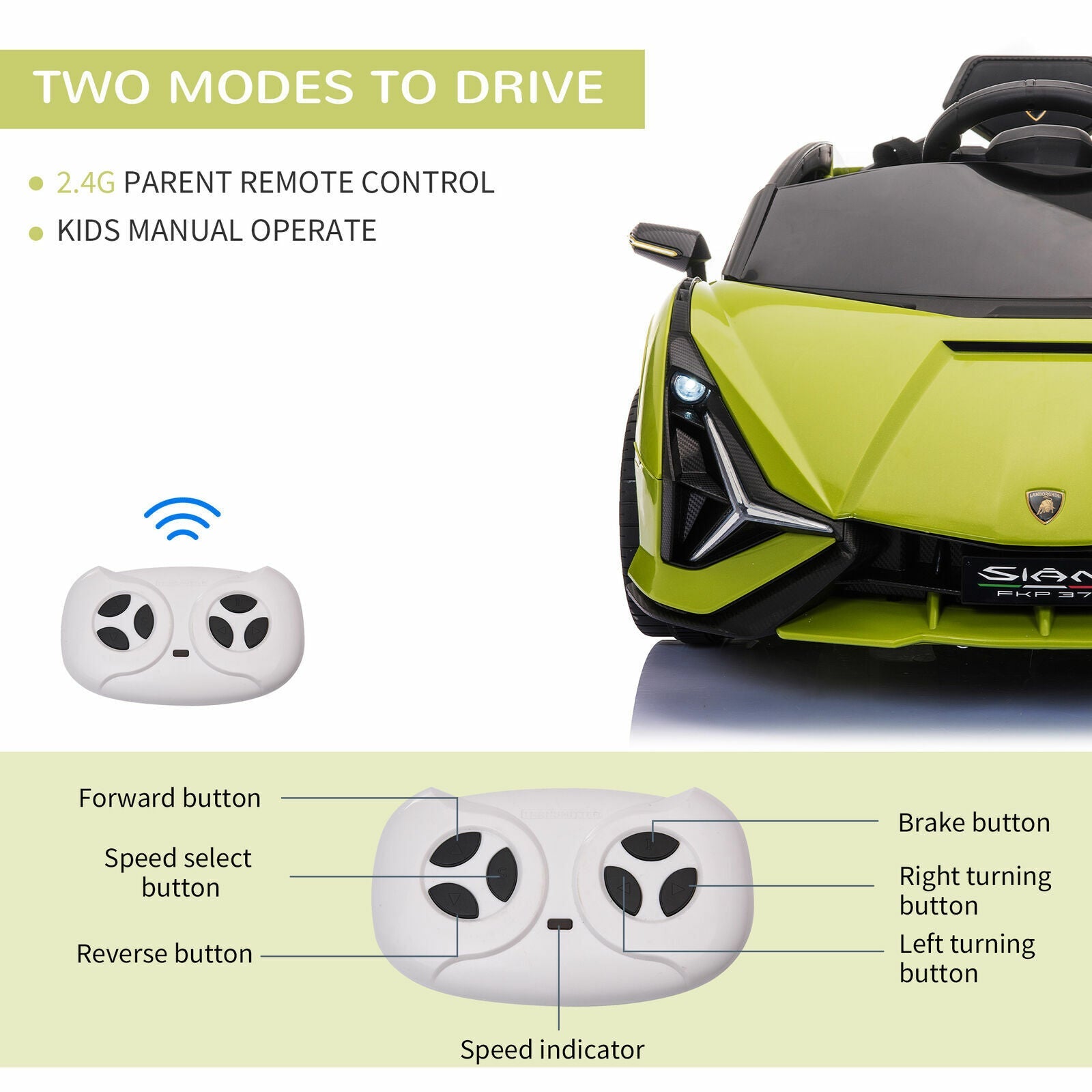 Green Lamborghini SIAN 12V Kids Ride On Car with Remote Control - Rechargeable Toy