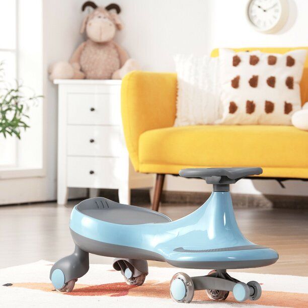 Gymax Kids' Blue Wiggle Car with Flashing Wheels - Fun Ride-on Toy for Toddlers and Kids