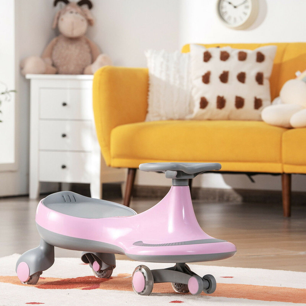 Gymax Pink Wiggle Car Ride-on Toy with Flashing Wheels for Toddlers and Kids