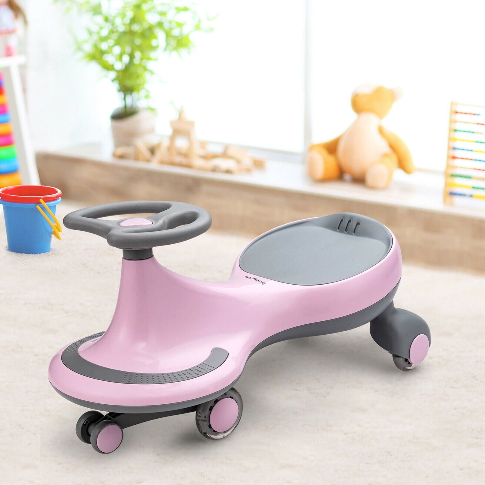 Gymax Pink Wiggle Car Ride-on Toy with Flashing Wheels for Toddlers and Kids