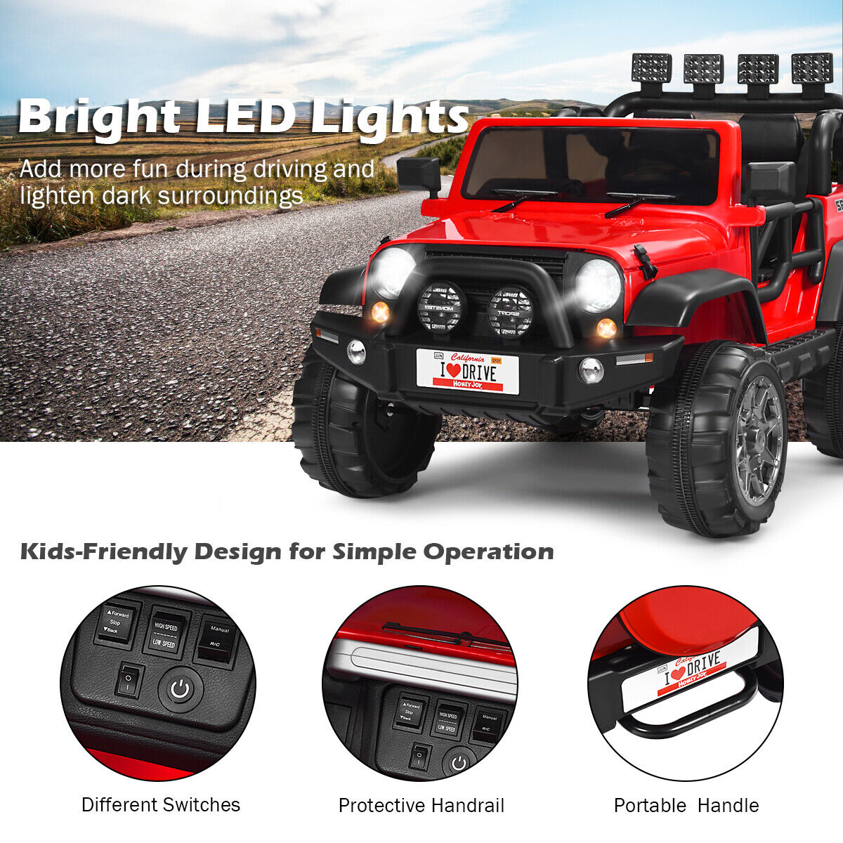 HoneyJoy 12V 2-Seater RC Electric Truck for Kids with Storage - Red