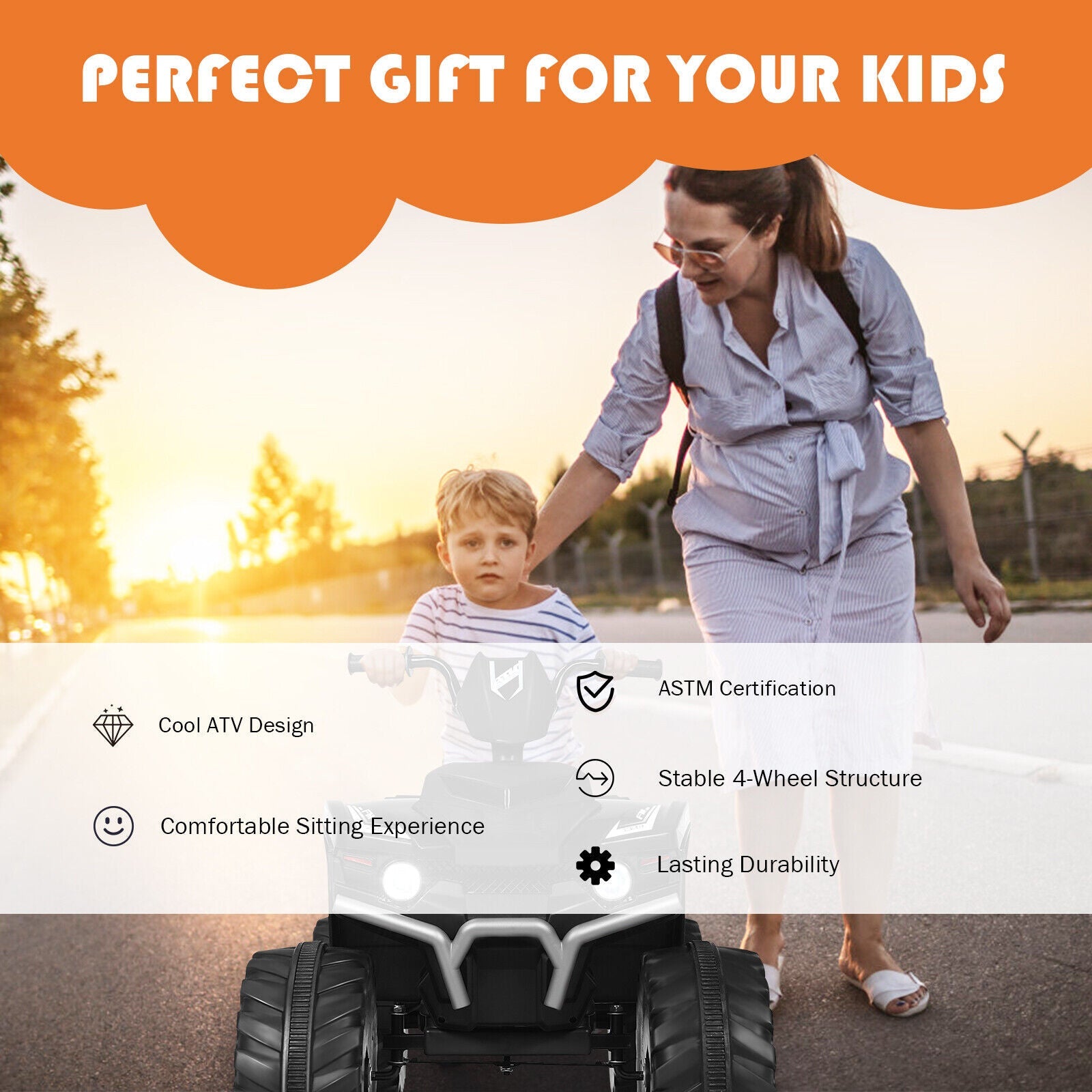 HoneyJoy 12V Kids ATV Quad Ride On Car with LED Light & Music - Black