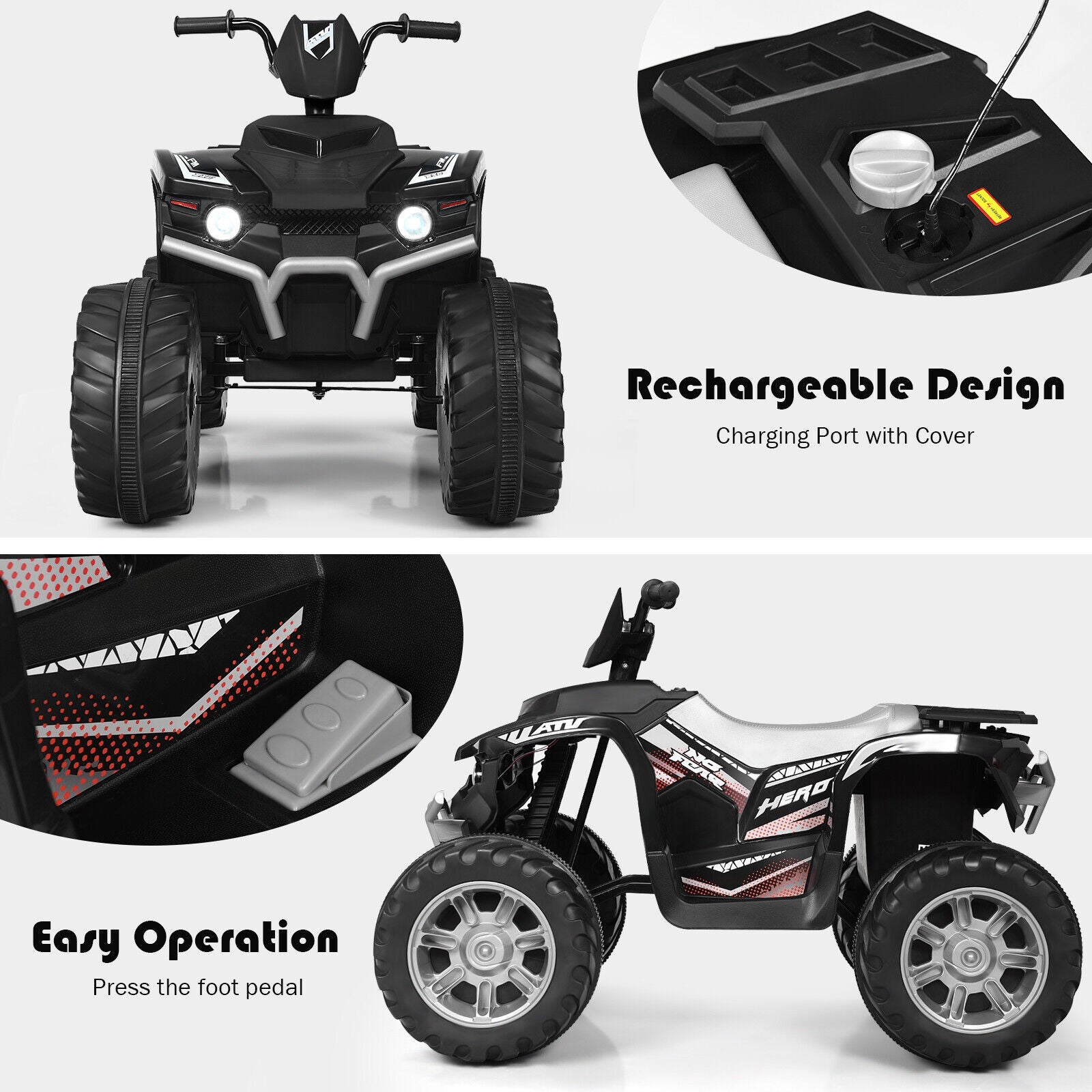 HoneyJoy 12V Kids ATV Quad Ride On Car with LED Light & Music - Black