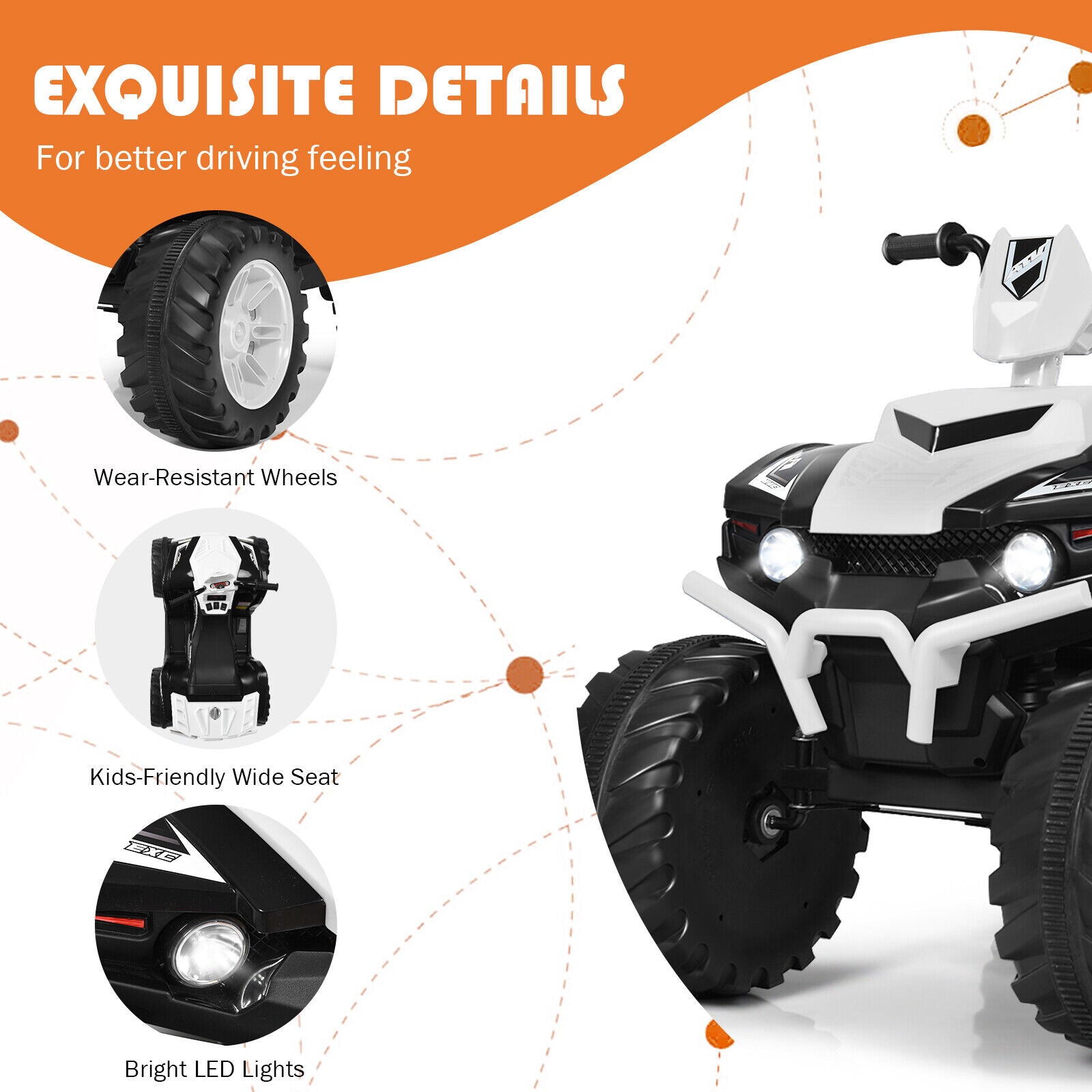 HoneyJoy 12V Kids ATV Quad Ride On Car with LED Light & Music - White