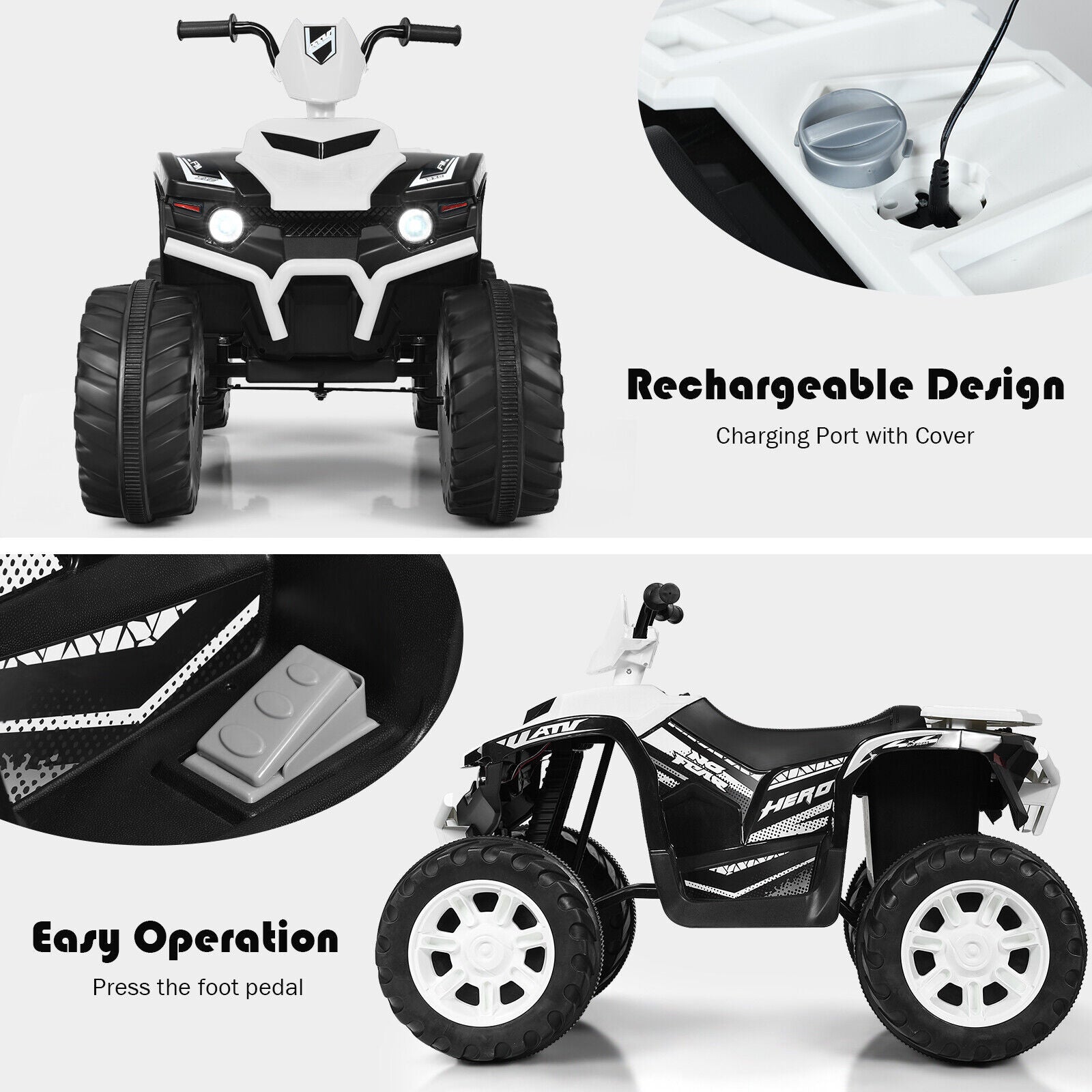 HoneyJoy 12V Kids ATV Quad Ride On Car with LED Light & Music - White