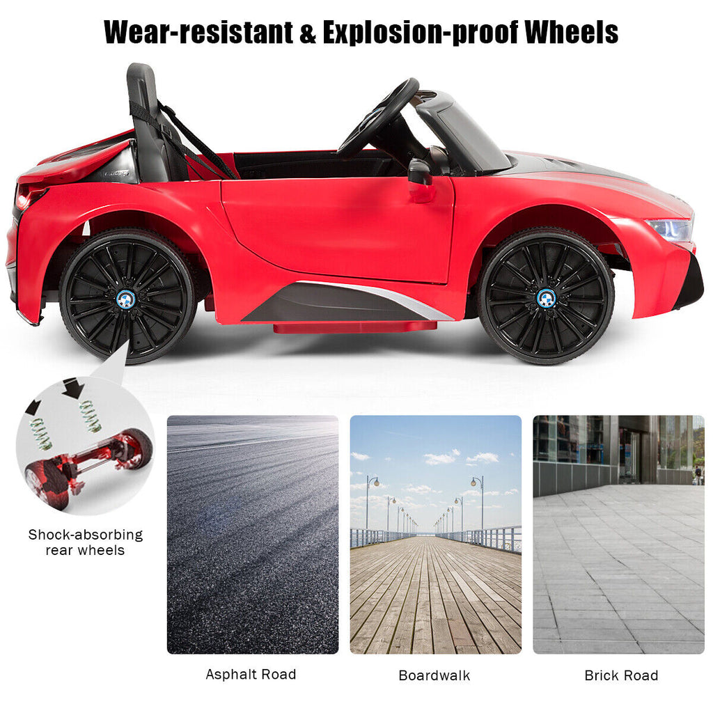 HoneyJoy 12V Licensed BMW I8 Kids Ride On Car with Remote Control, MP3 Player, and LED Lights in Red