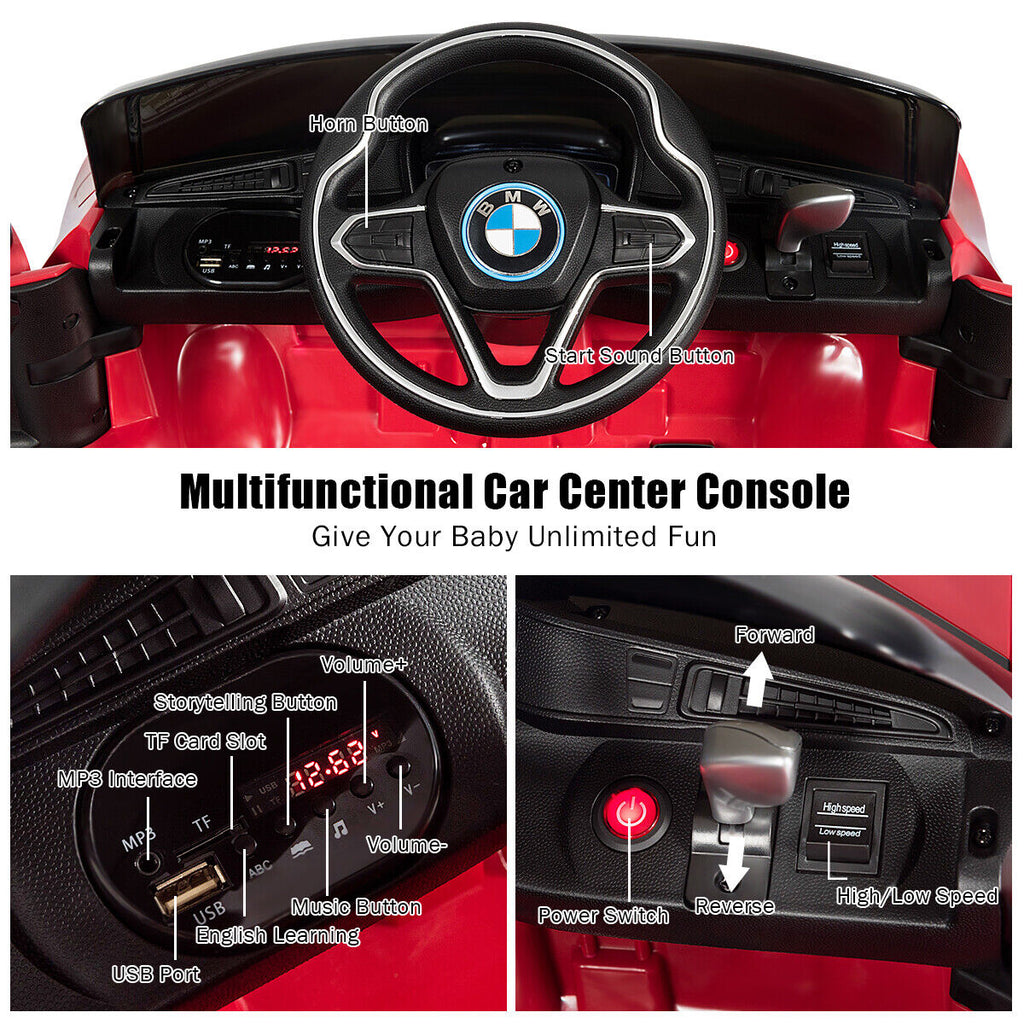 HoneyJoy 12V Licensed BMW I8 Kids Ride On Car with Remote Control, MP3 Player, and LED Lights in Red