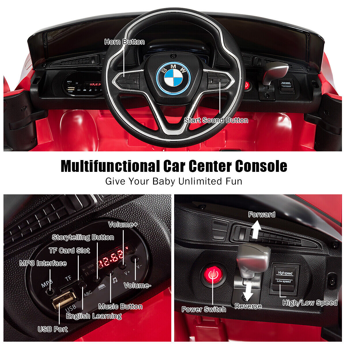 HoneyJoy 12V Licensed BMW I8 Kids Ride On Car with Remote Control, MP3 Player, and LED Lights in Red